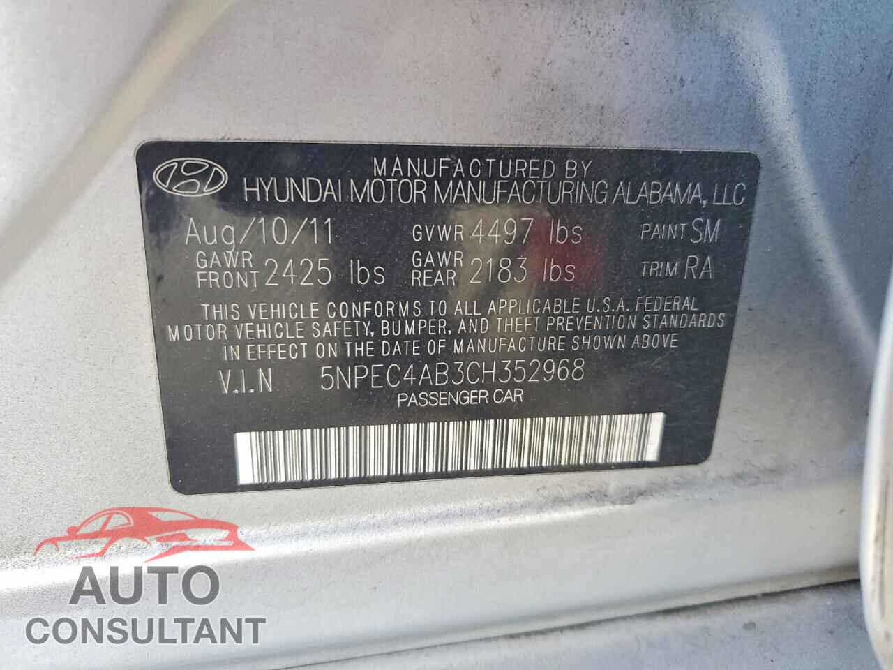 HYUNDAI SONATA 2012 - 5NPEC4AB3CH352968
