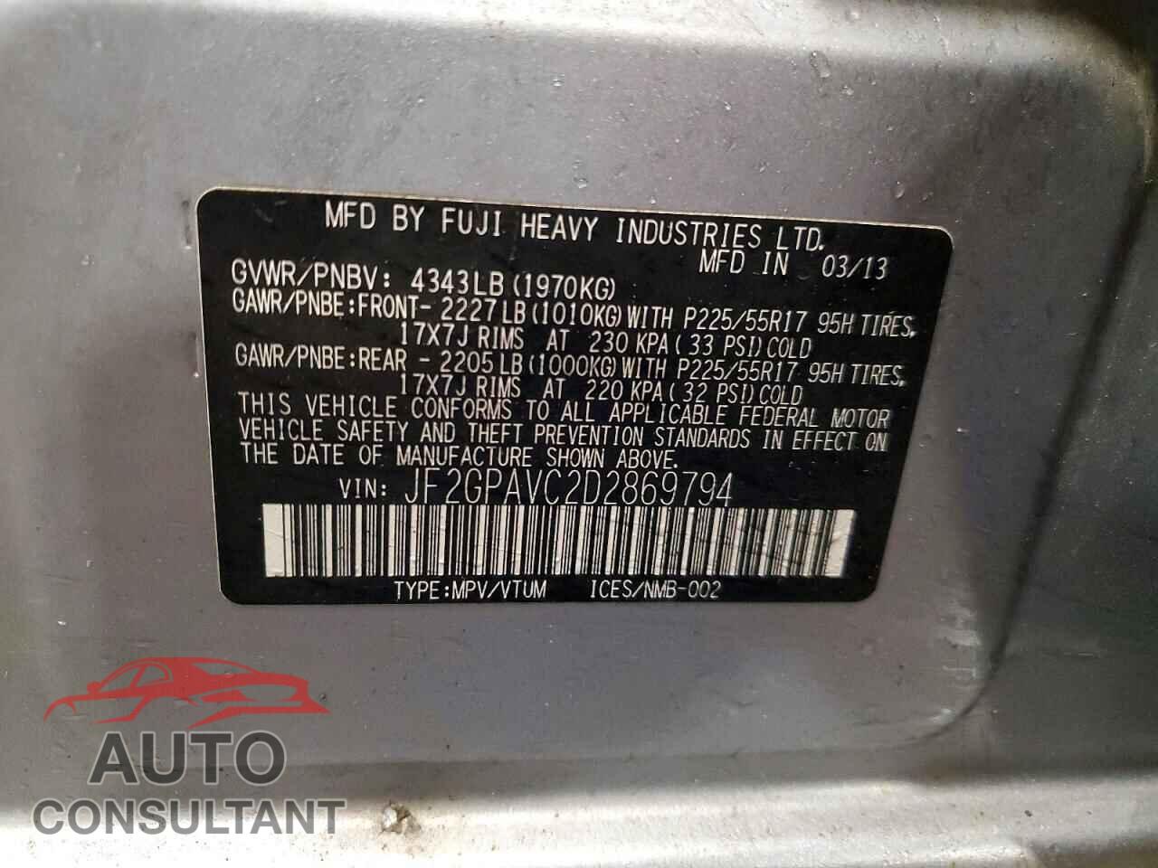 SUBARU XV 2013 - JF2GPAVC2D2869794