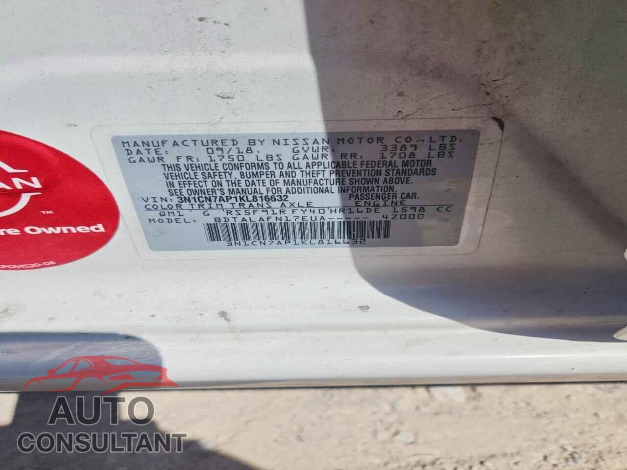 NISSAN VERSA 2019 - 3N1CN7AP1KL816632