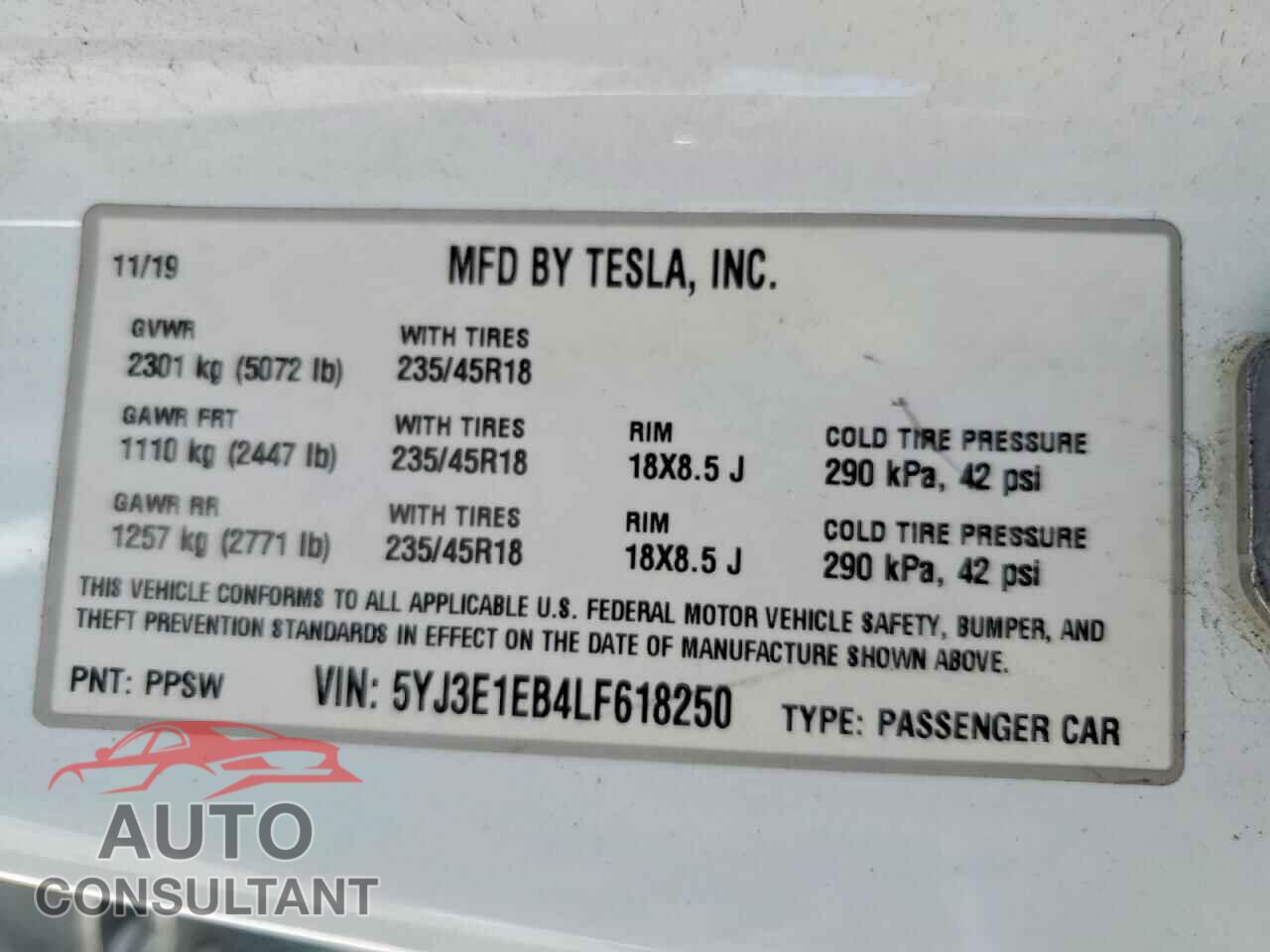 TESLA MODEL 3 2020 - 5YJ3E1EB4LF618250