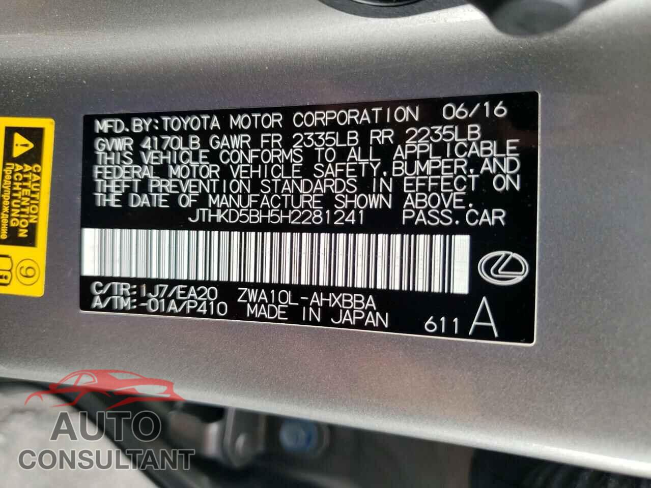 LEXUS CT 200 2017 - JTHKD5BH5H2281241