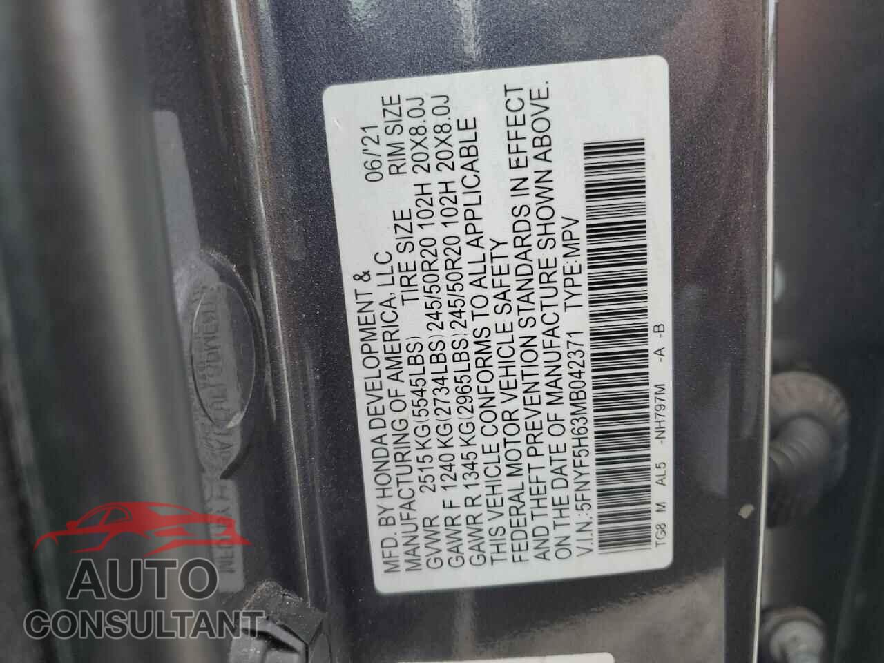 HONDA PILOT 2021 - 5FNYF5H63MB042371