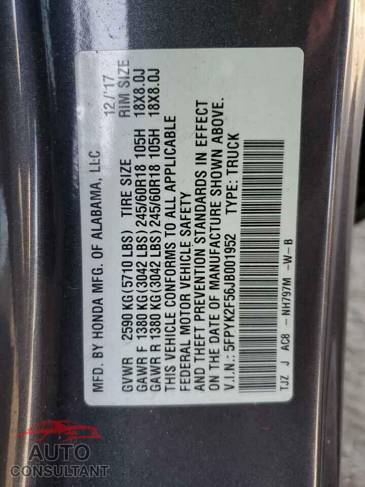 HONDA RIDGELINE 2018 - 5FPYK2F56JB001952
