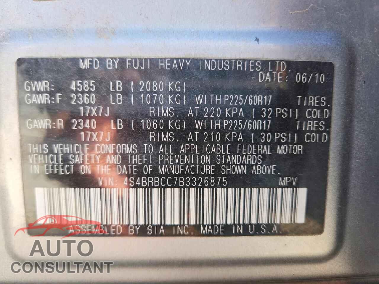 SUBARU OUTBACK 2011 - 4S4BRBCC7B3326875