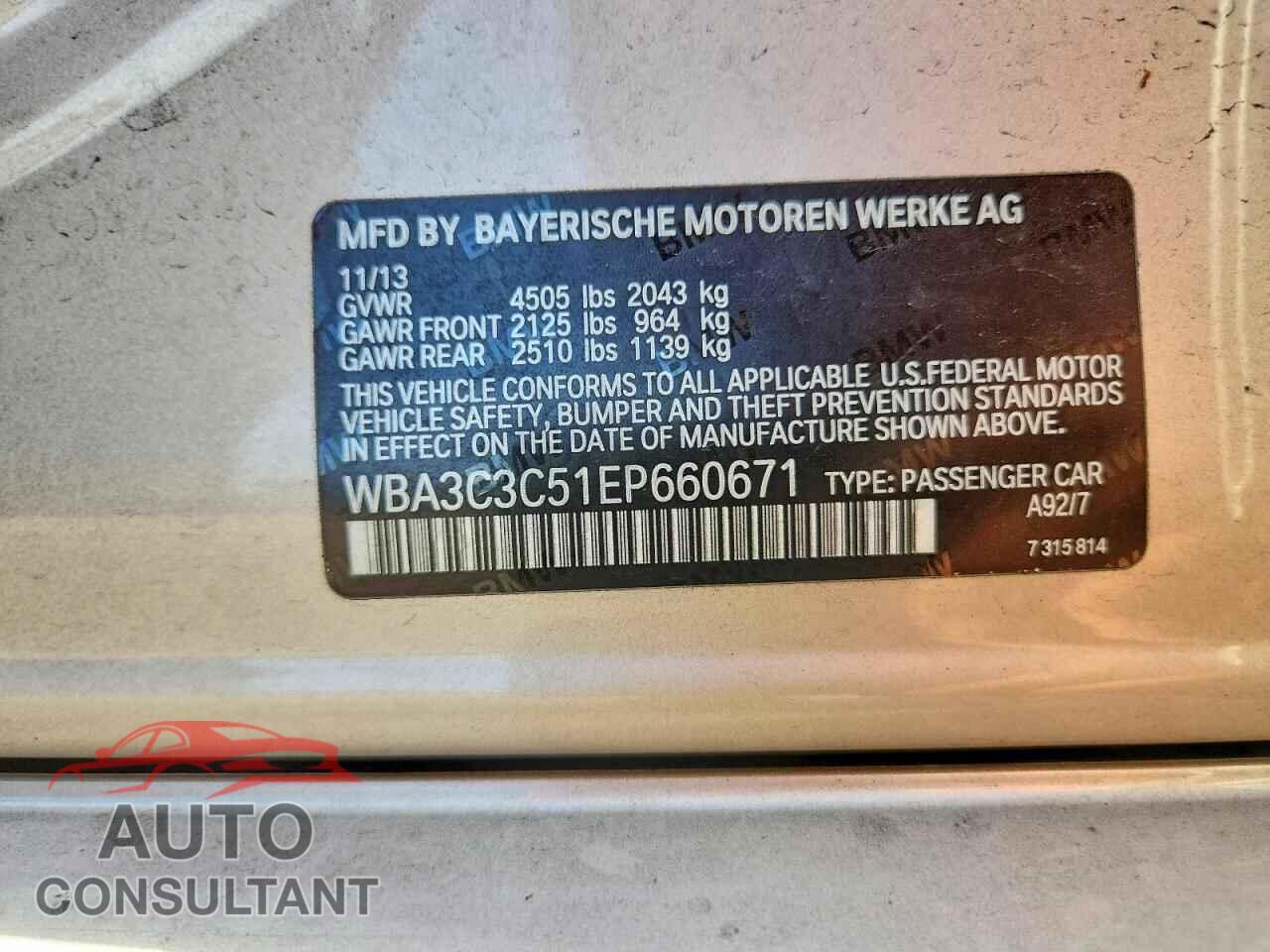 BMW 3 SERIES 2014 - WBA3C3C51EP660671