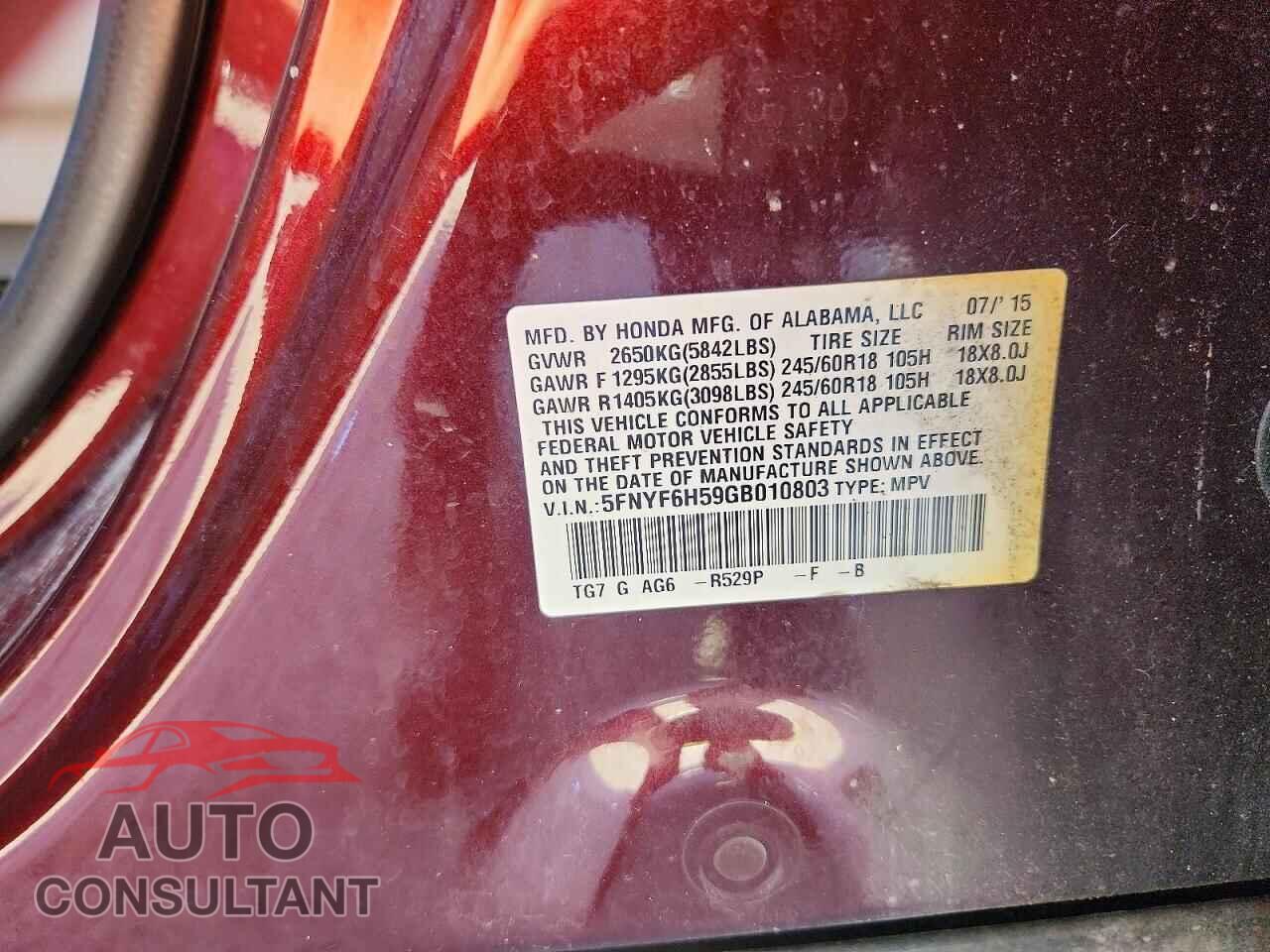 HONDA PILOT 2016 - 5FNYF6H59GB010803