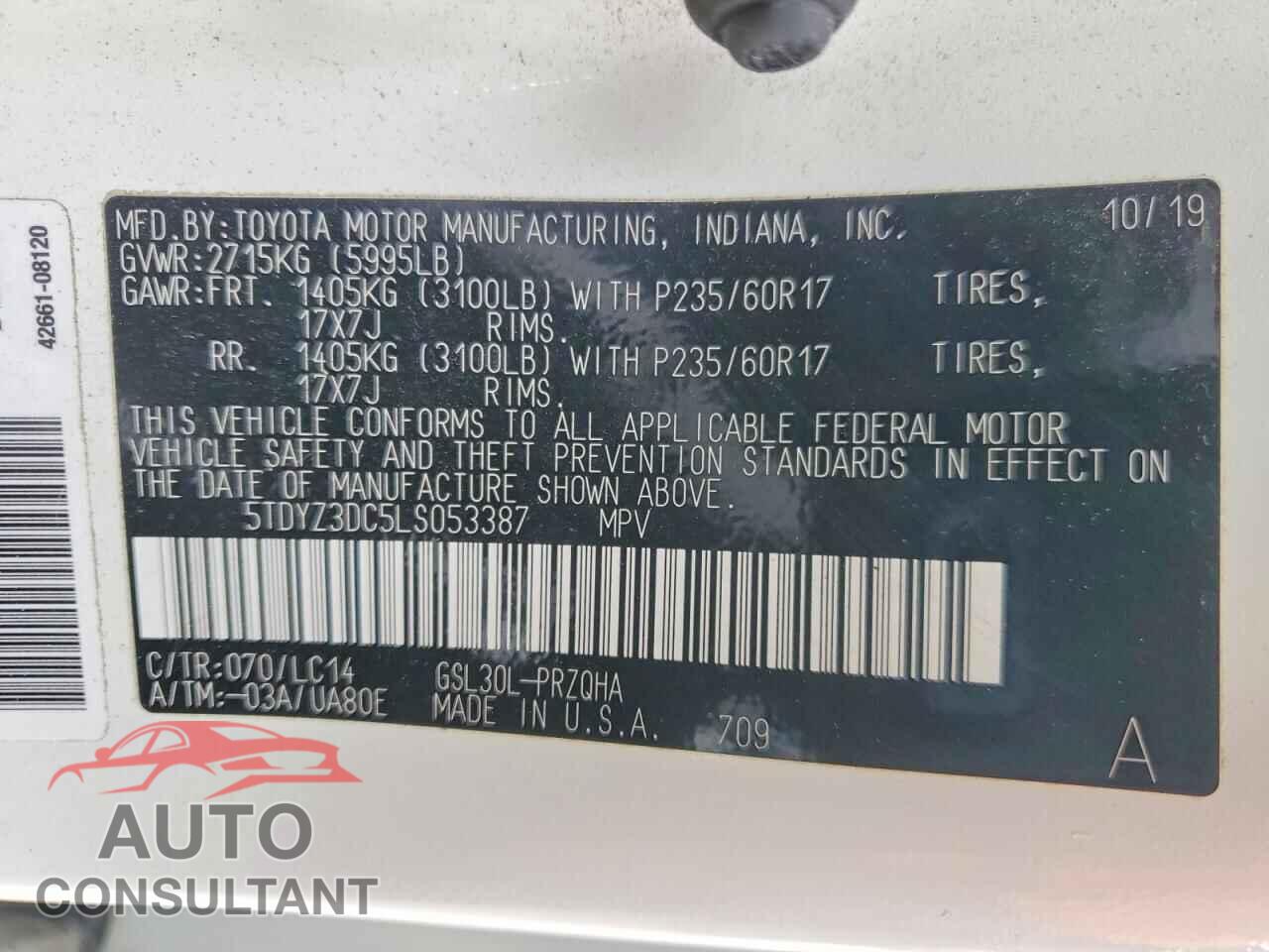 TOYOTA SIENNA 2020 - 5TDYZ3DC5LS053387