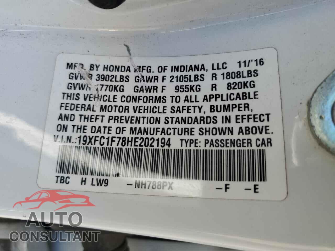 HONDA CIVIC 2017 - 19XFC1F78HE202194
