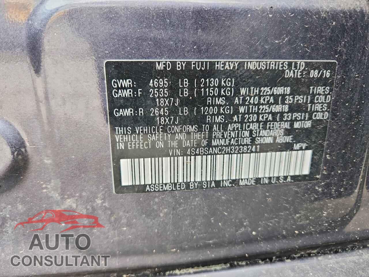 SUBARU OUTBACK 2017 - 4S4BSANC2H3238241