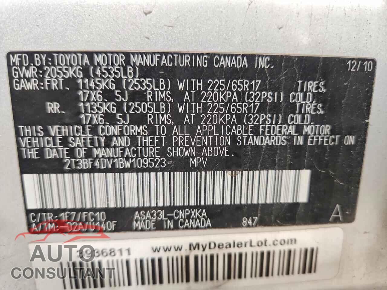 TOYOTA RAV4 2011 - 2T3BF4DV1BW109523