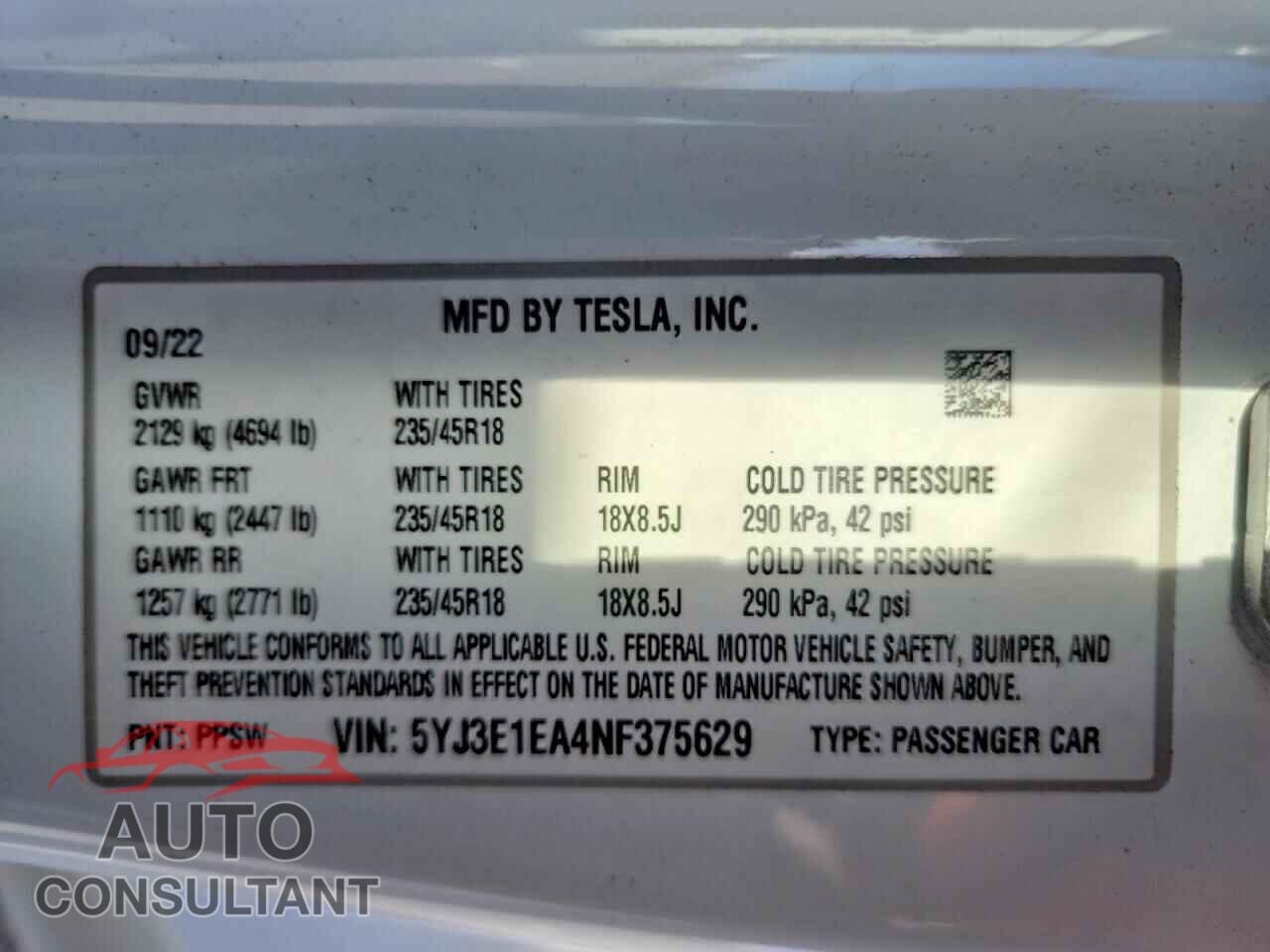 TESLA MODEL 3 2022 - 5YJ3E1EA4NF375629