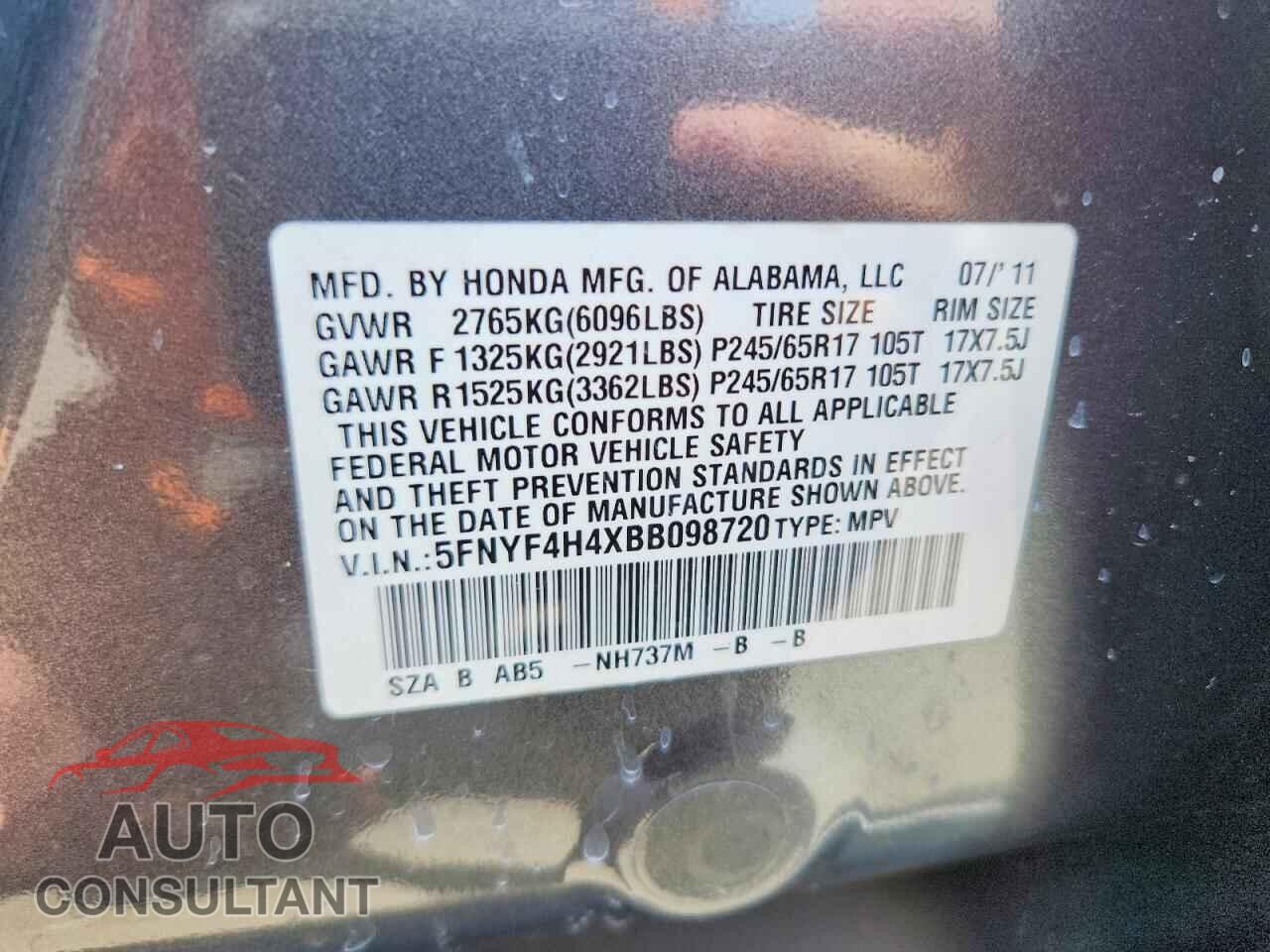 HONDA PILOT 2011 - 5FNYF4H4XBB098720