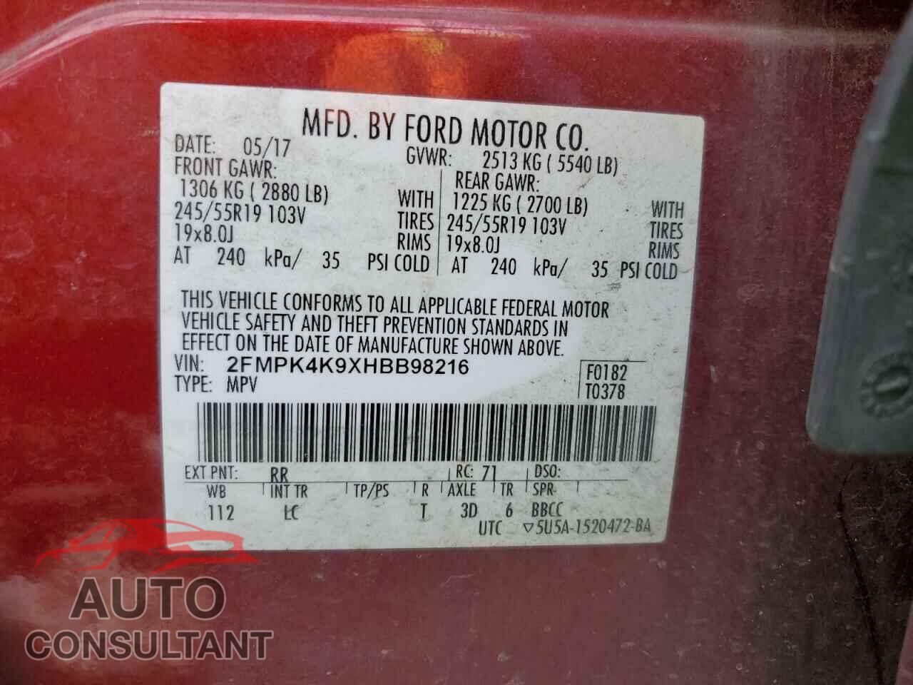 FORD EDGE 2017 - 2FMPK4K9XHBB98216