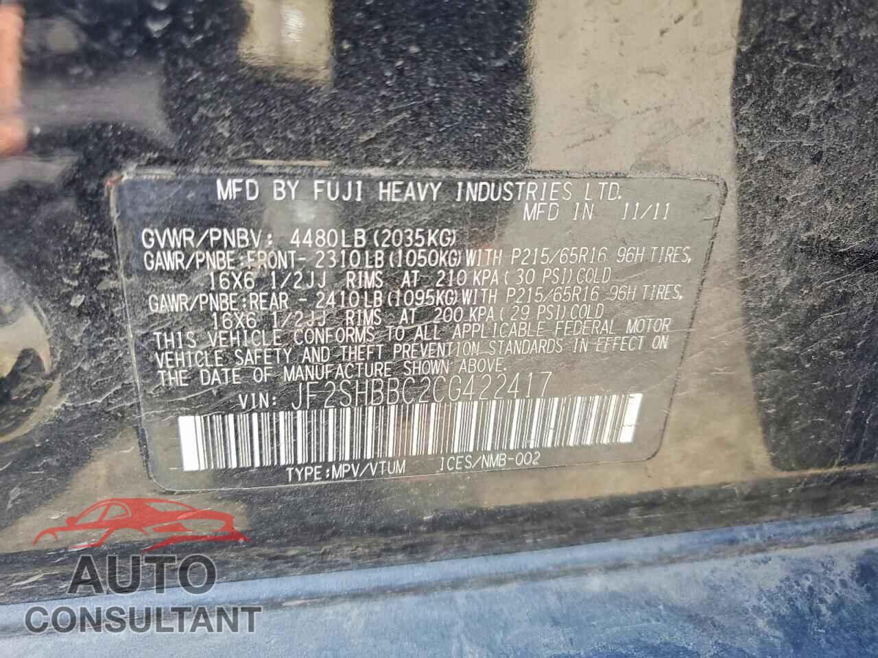 SUBARU FORESTER 2012 - JF2SHBBC2CG422417