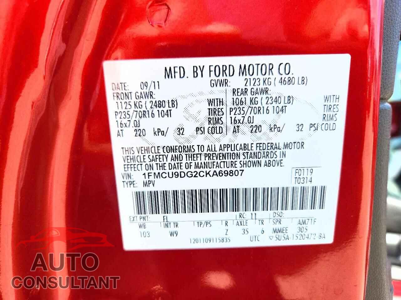FORD ESCAPE 2012 - 1FMCU9DG2CKA69807