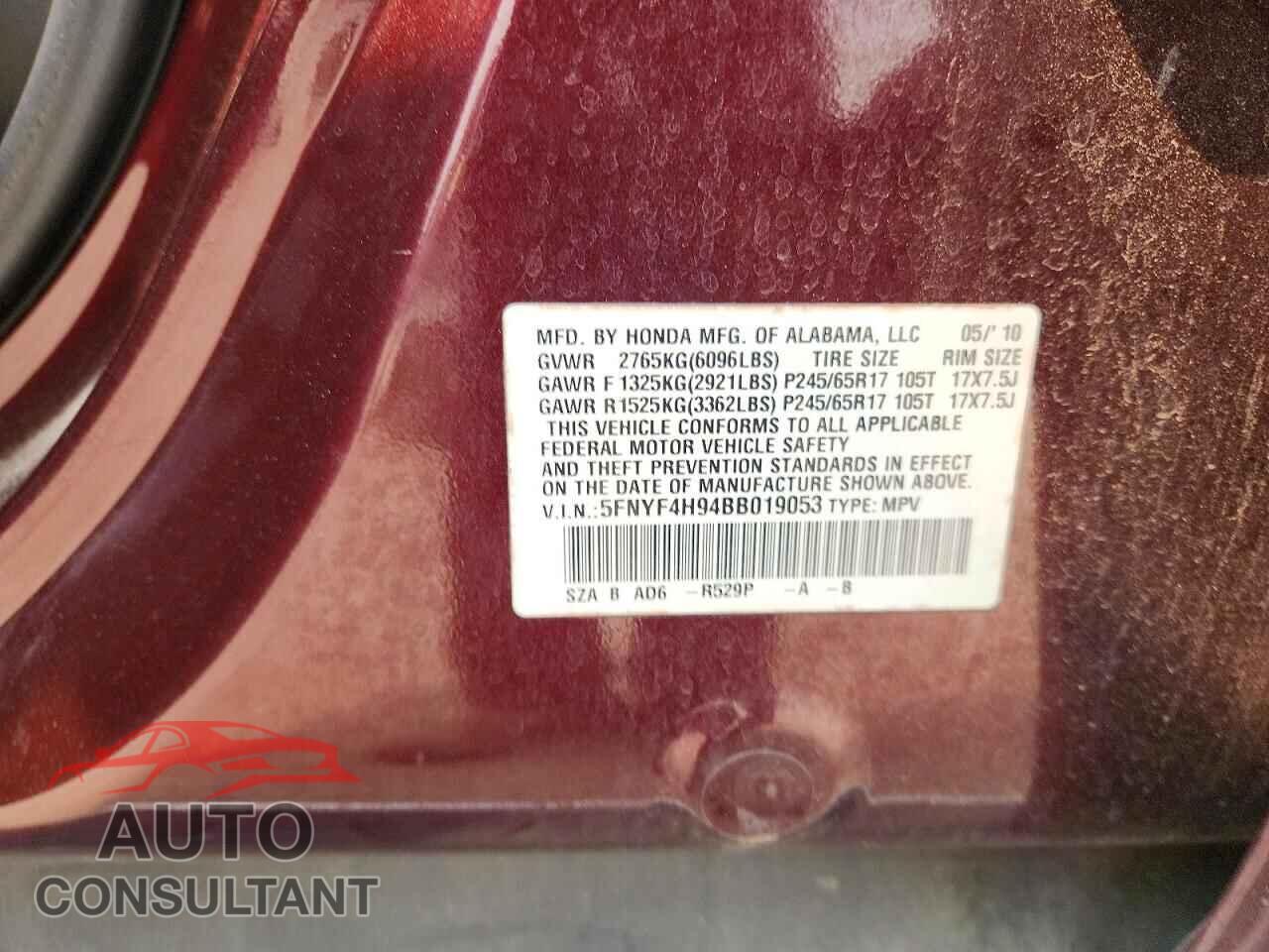 HONDA PILOT 2011 - 5FNYF4H94BB019053