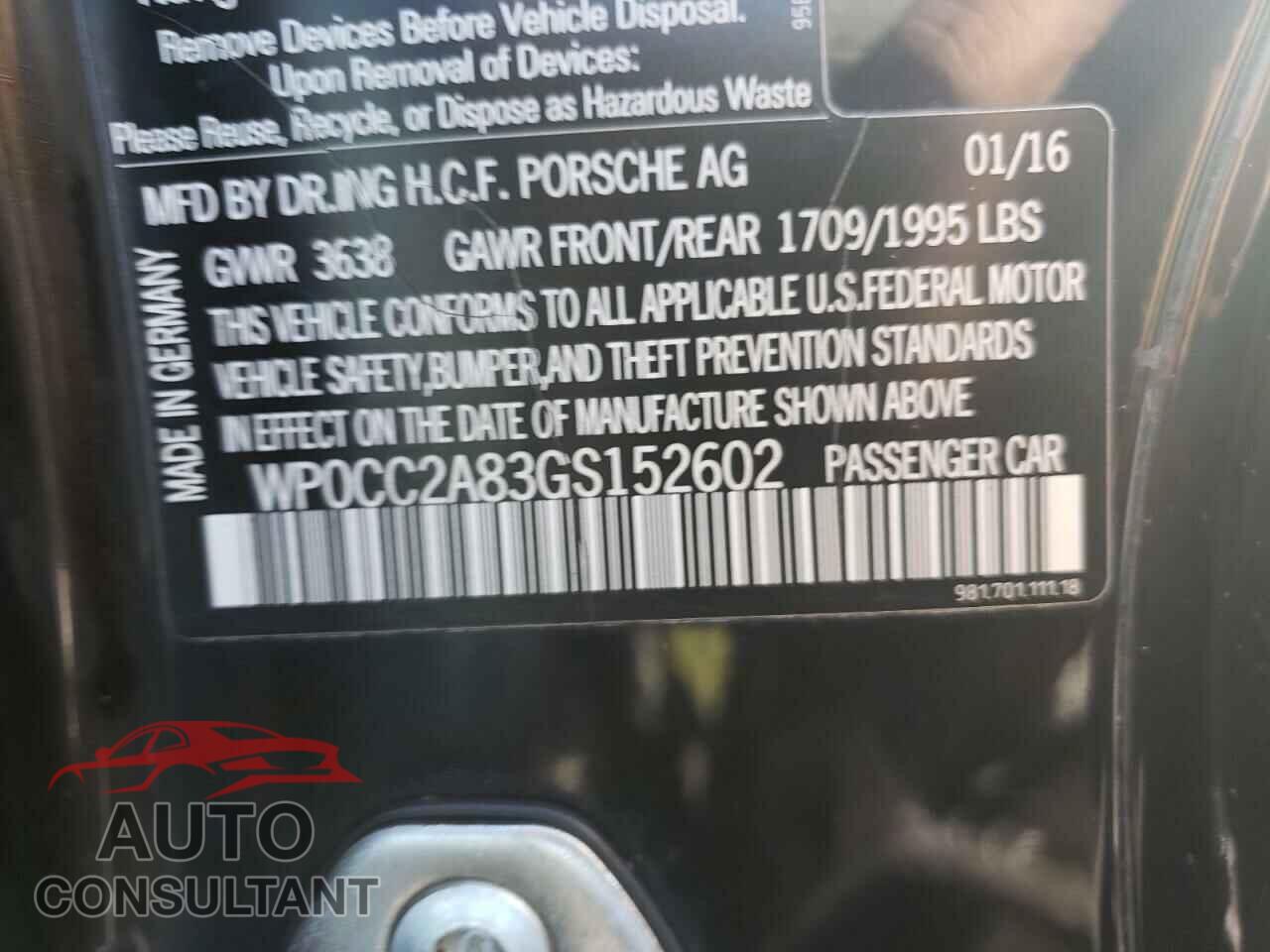 PORSCHE BOXSTER 2016 - WP0CC2A83GS152602