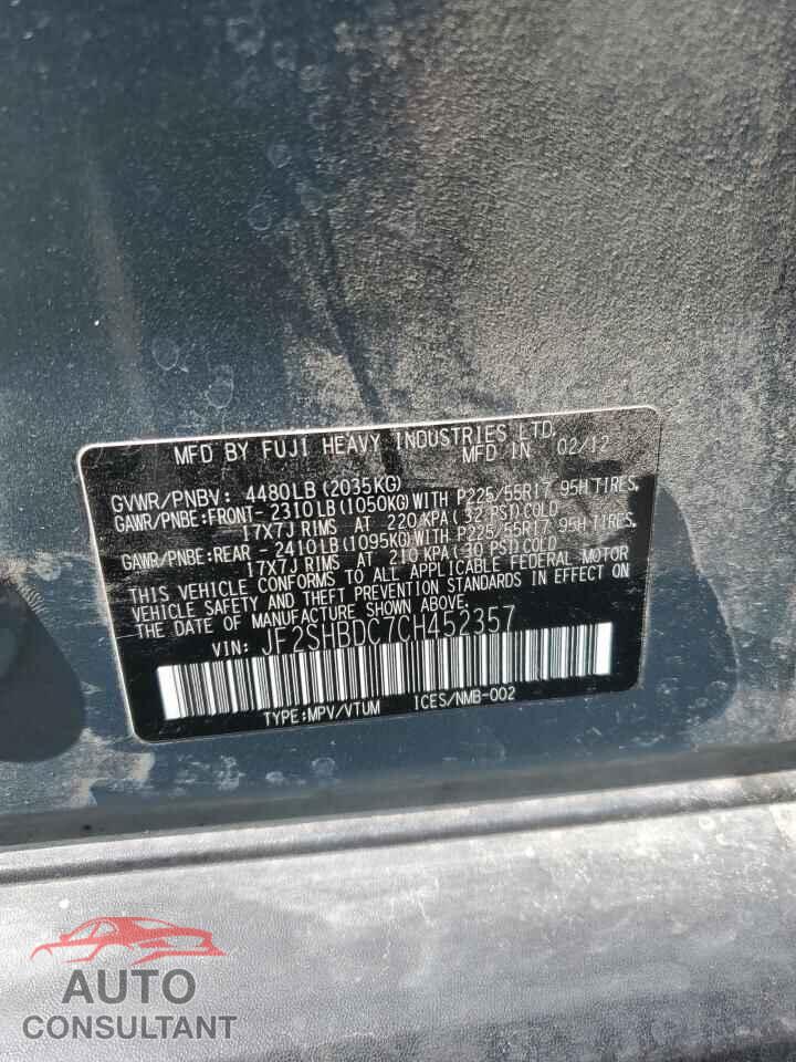 SUBARU FORESTER 2012 - JF2SHBDC7CH452357