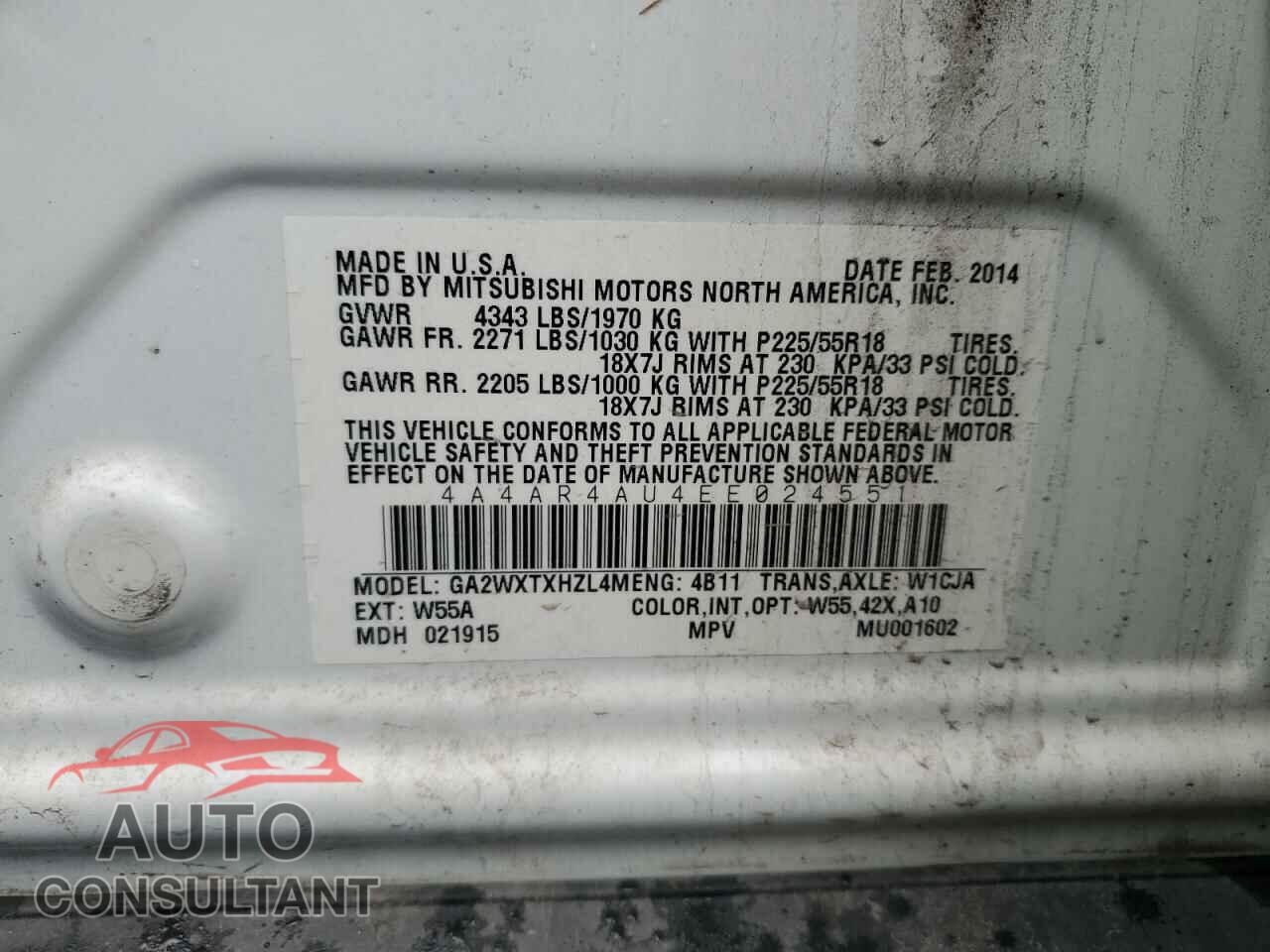 MITSUBISHI OUTLANDER 2014 - 4A4AR4AU4EE024551