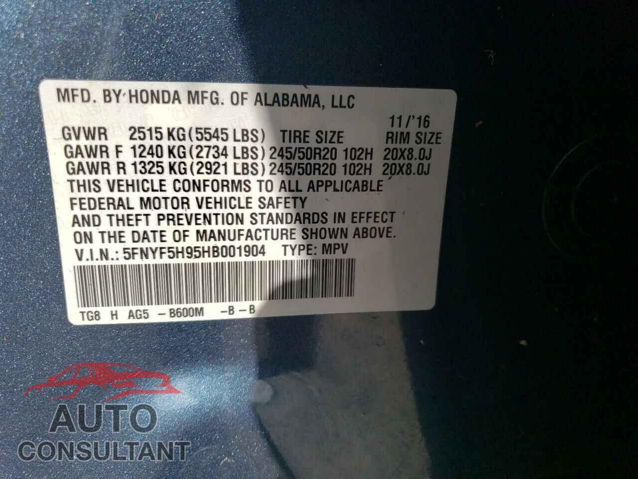 HONDA PILOT 2017 - 5FNYF5H95HB001904