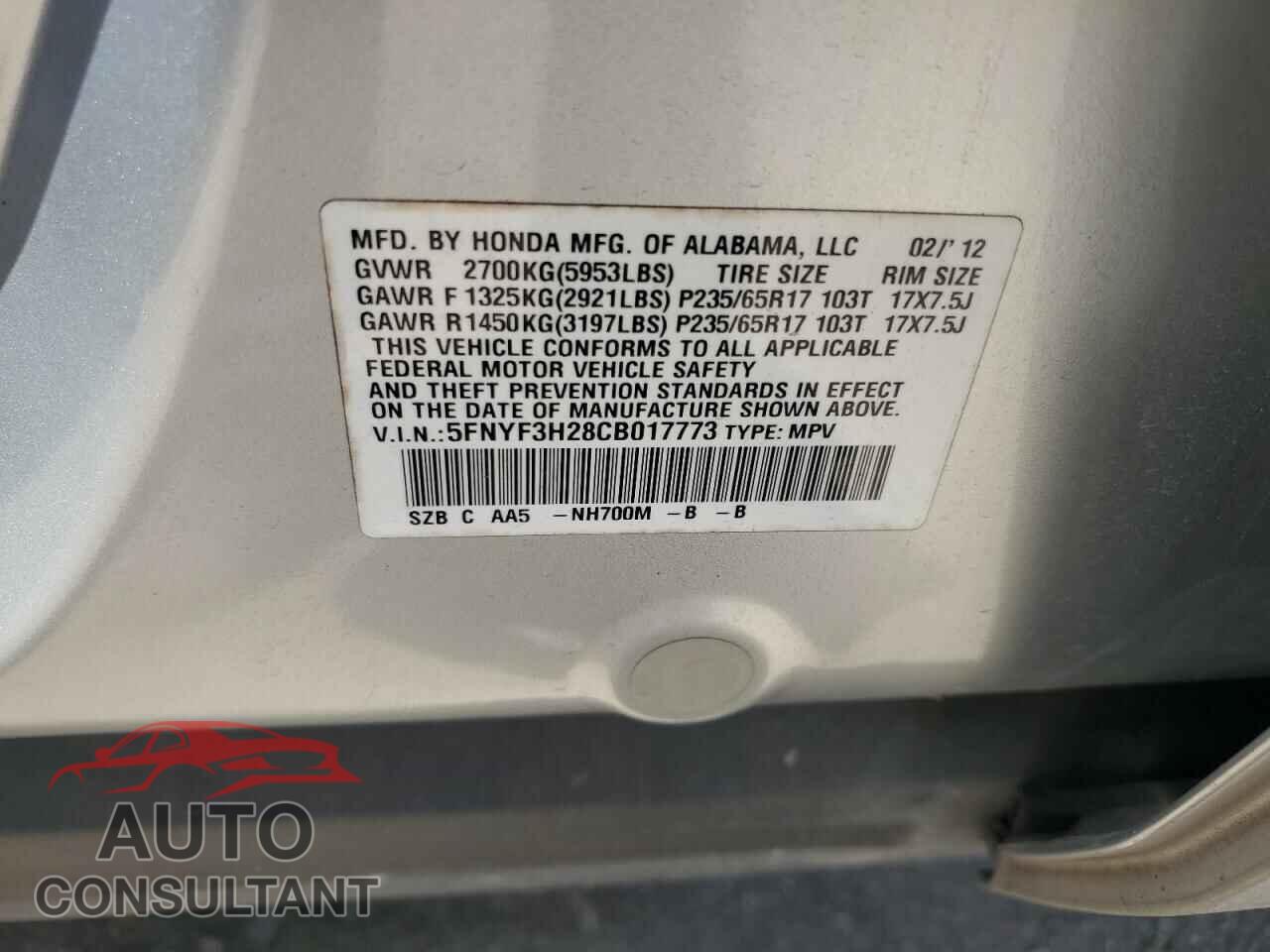 HONDA PILOT 2012 - 5FNYF3H28CB017773