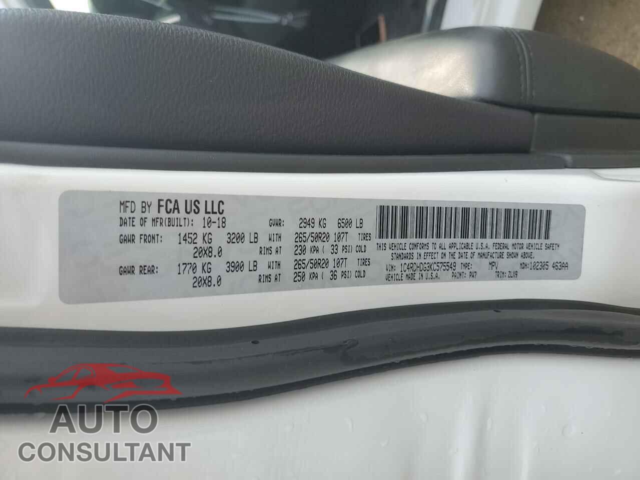DODGE DURANGO 2019 - 1C4RDHDG3KC575549