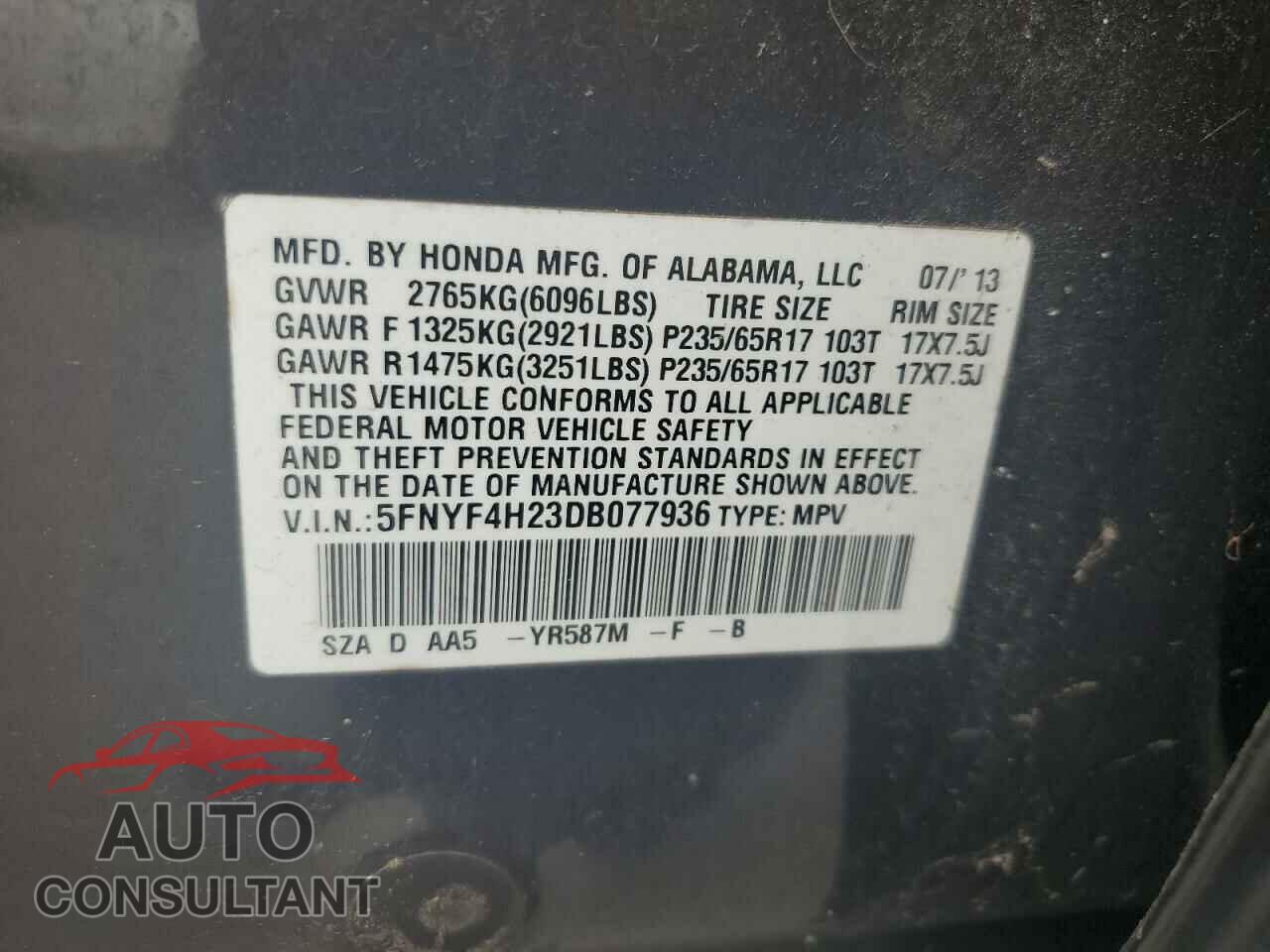 HONDA PILOT 2013 - 5FNYF4H23DB077936