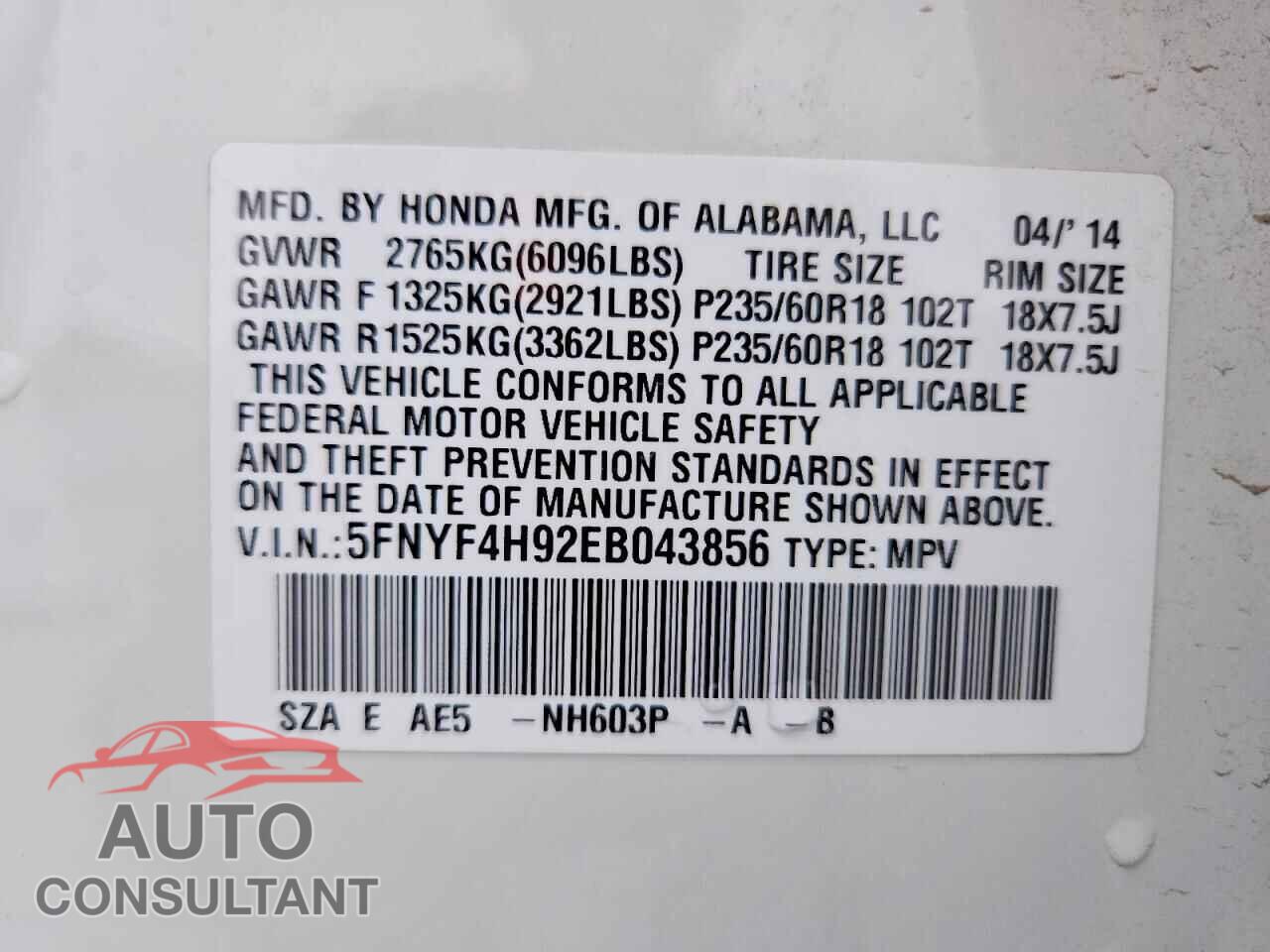 HONDA PILOT 2014 - 5FNYF4H92EB043856