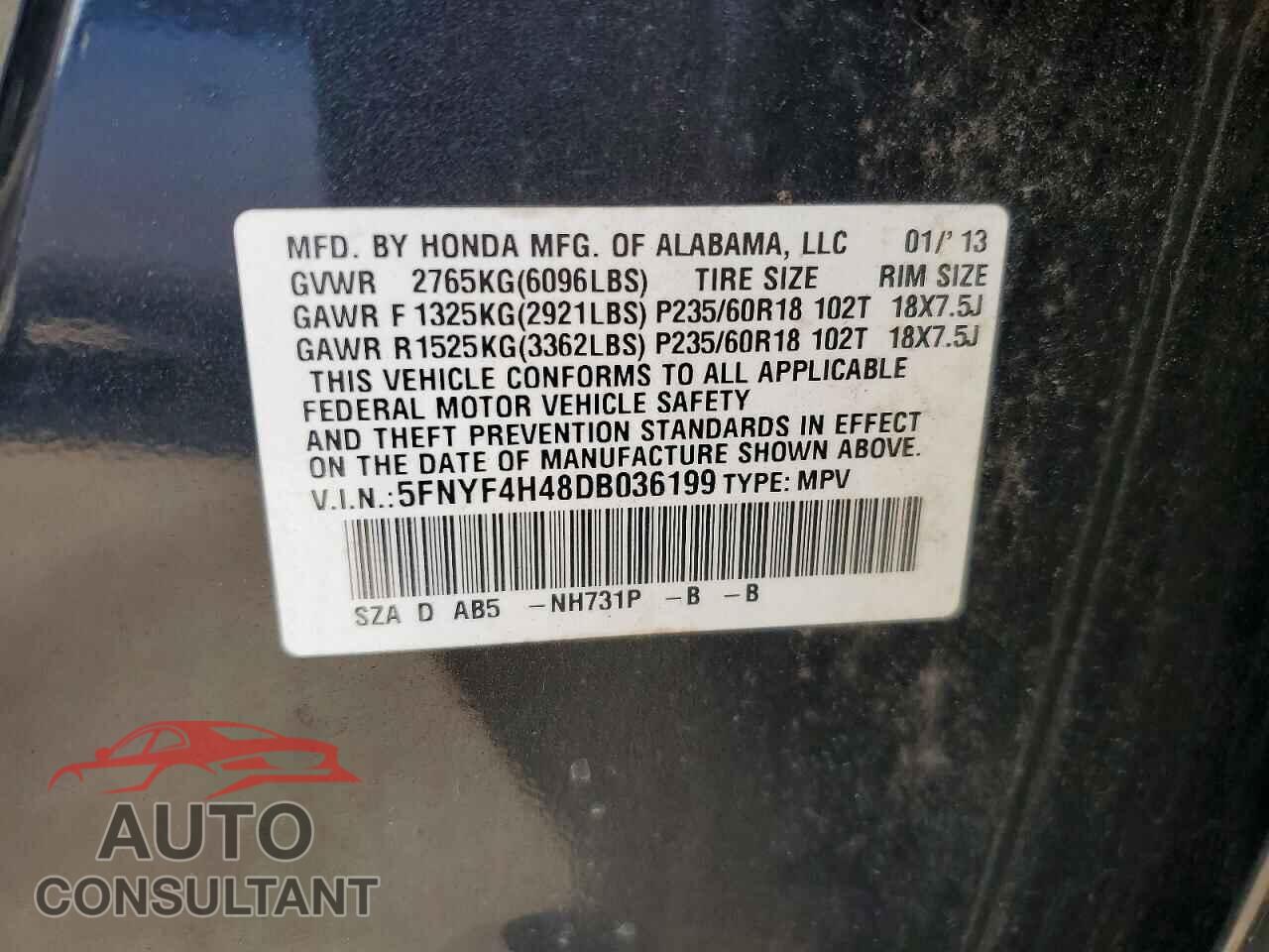 HONDA PILOT 2013 - 5FNYF4H48DB036199