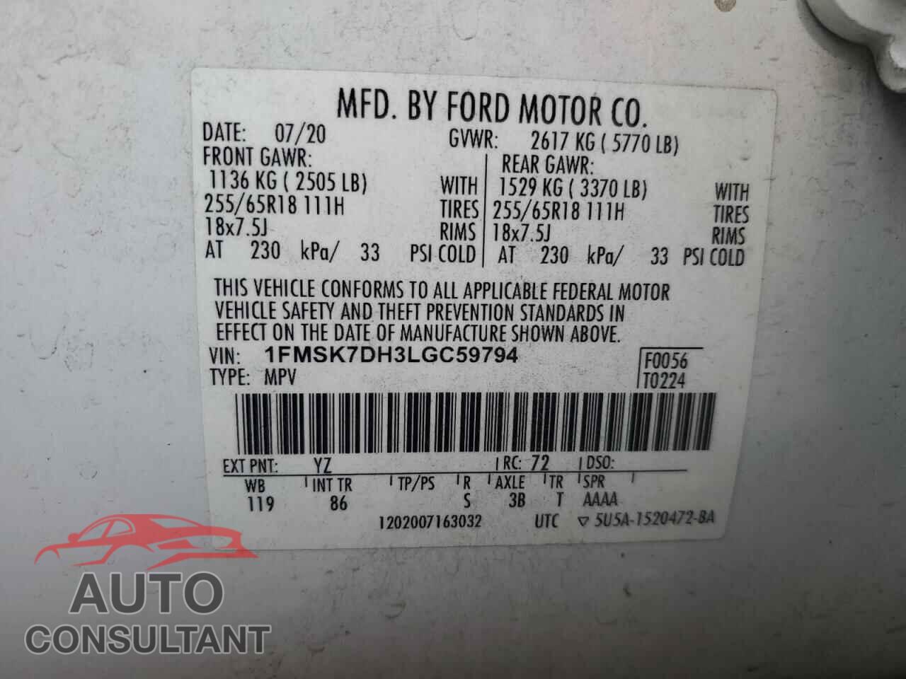 FORD EXPLORER 2020 - 1FMSK7DH3LGC59794