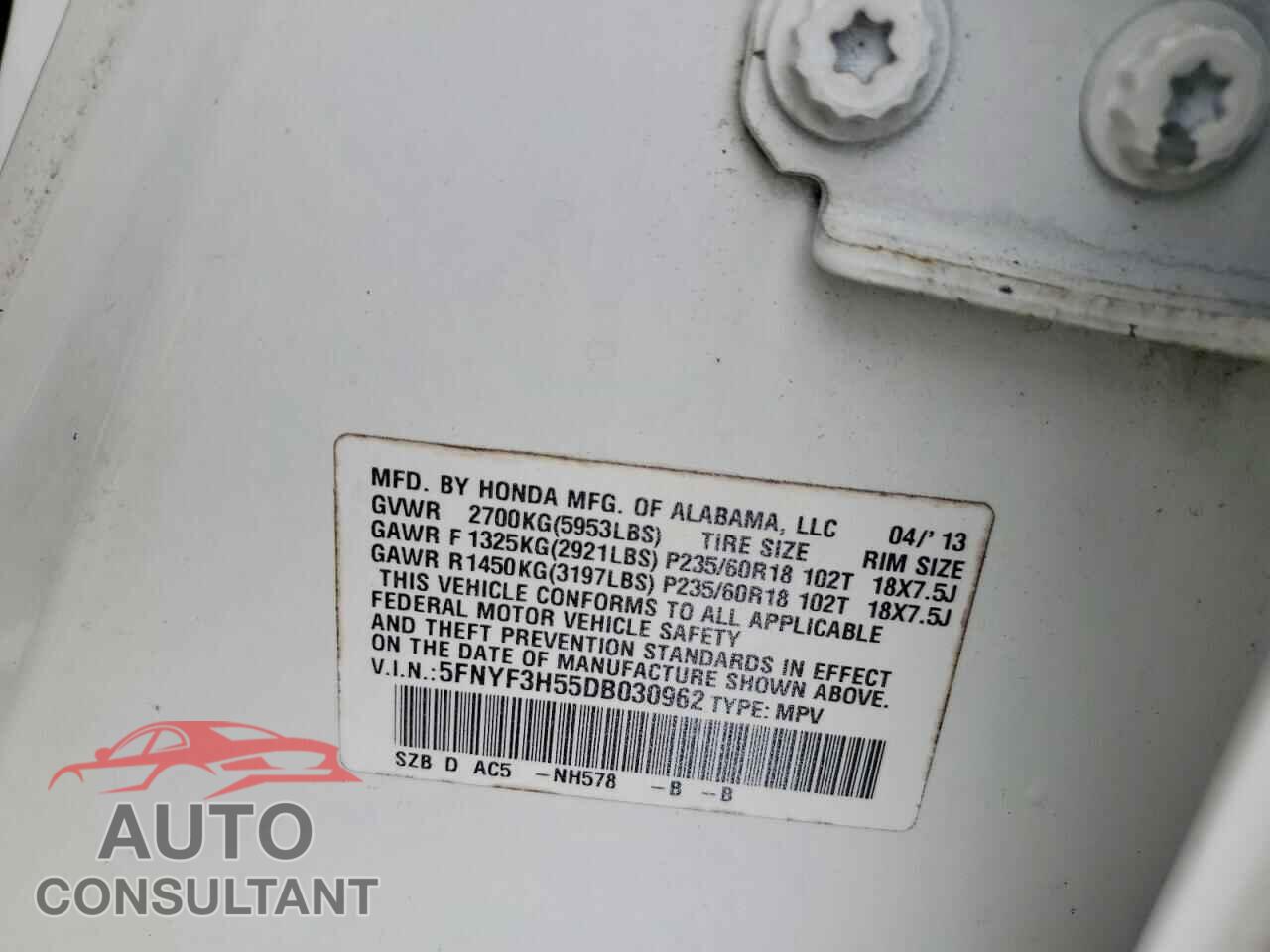 HONDA PILOT 2013 - 5FNYF3H55DB030962