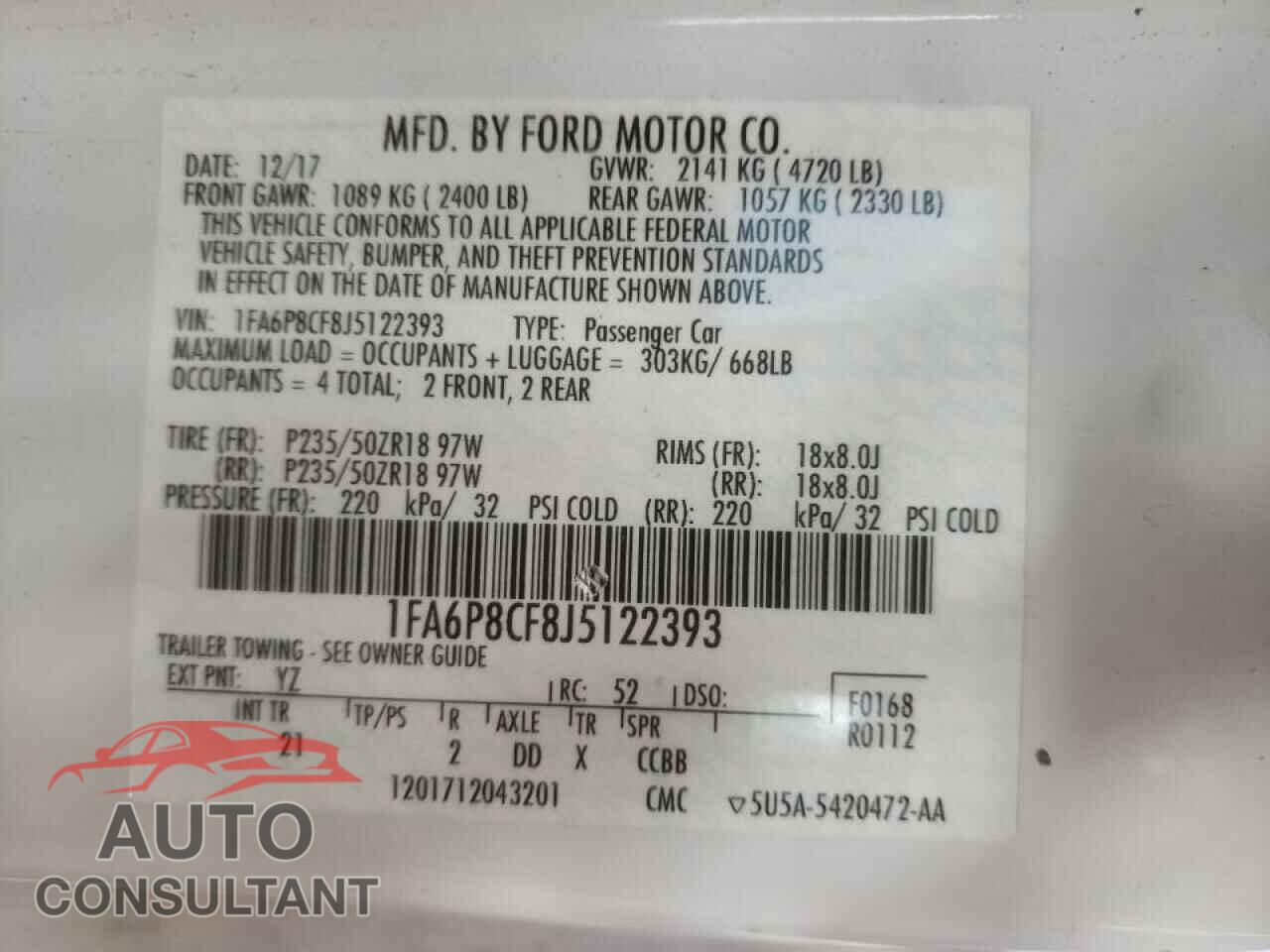 FORD MUSTANG 2018 - 1FA6P8CF8J5122393