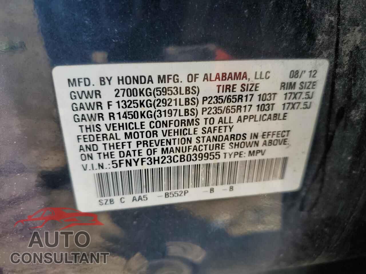 HONDA PILOT 2012 - 5FNYF3H23CB039955