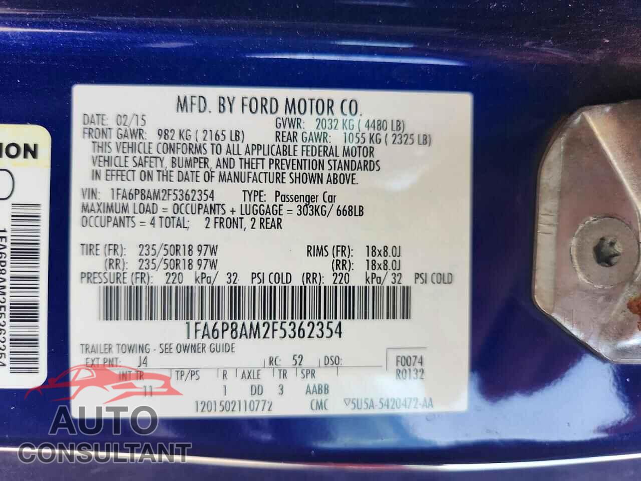 FORD MUSTANG 2015 - 1FA6P8AM2F5362354