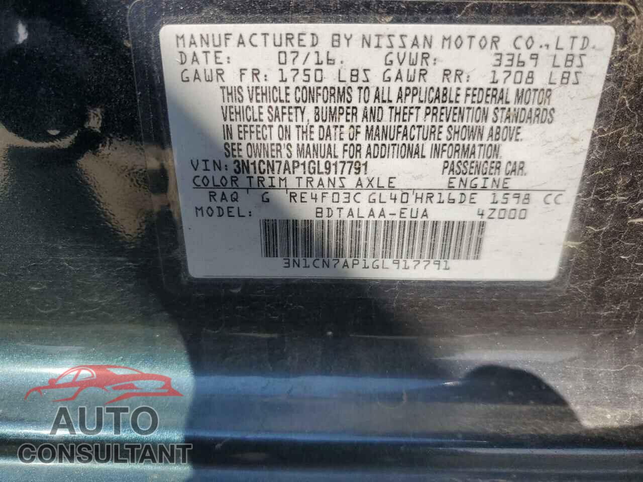 NISSAN VERSA 2016 - 3N1CN7AP1GL917791