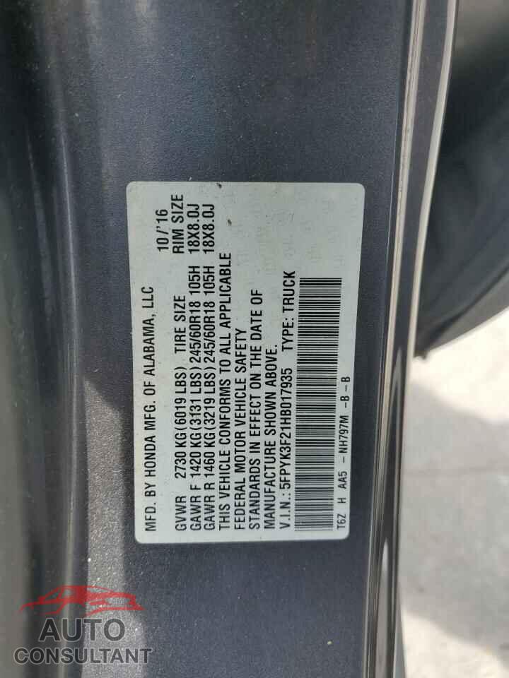HONDA RIDGELINE 2017 - 5FPYK3F21HB017935