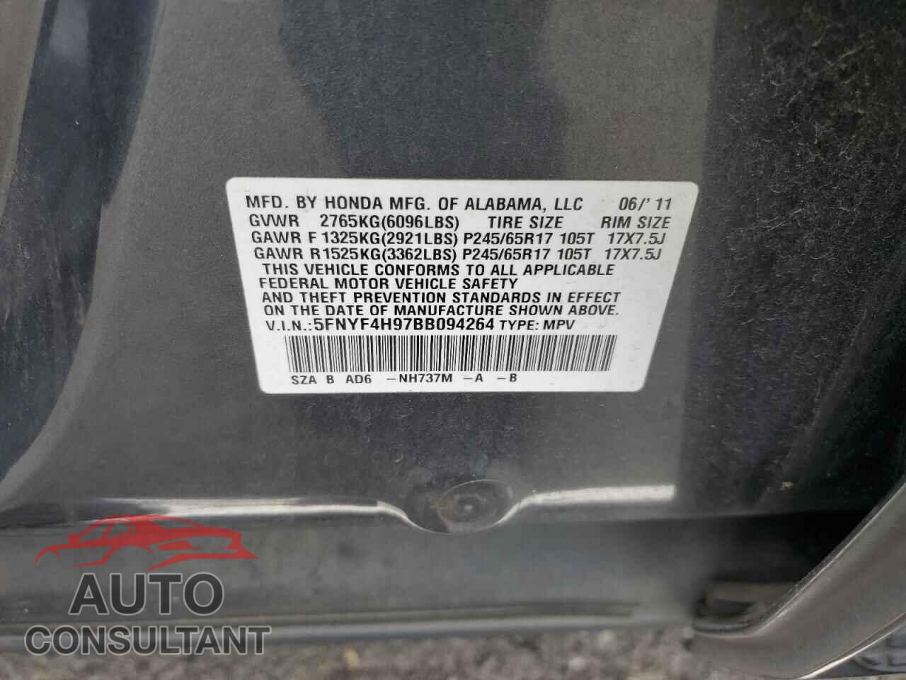 HONDA PILOT 2011 - 5FNYF4H97BB094264