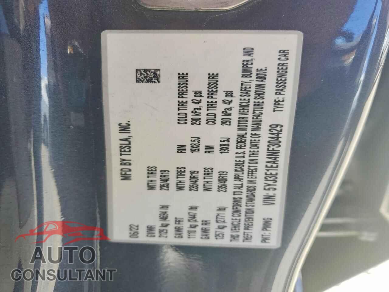TESLA MODEL 3 2022 - 5YJ3E1EA4NF304429