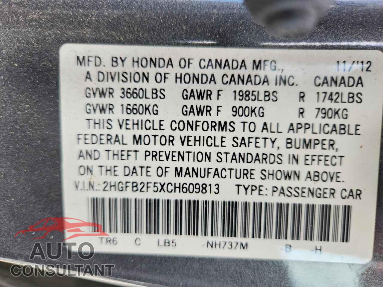 HONDA CIVIC 2012 - 2HGFB2F5XCH609813