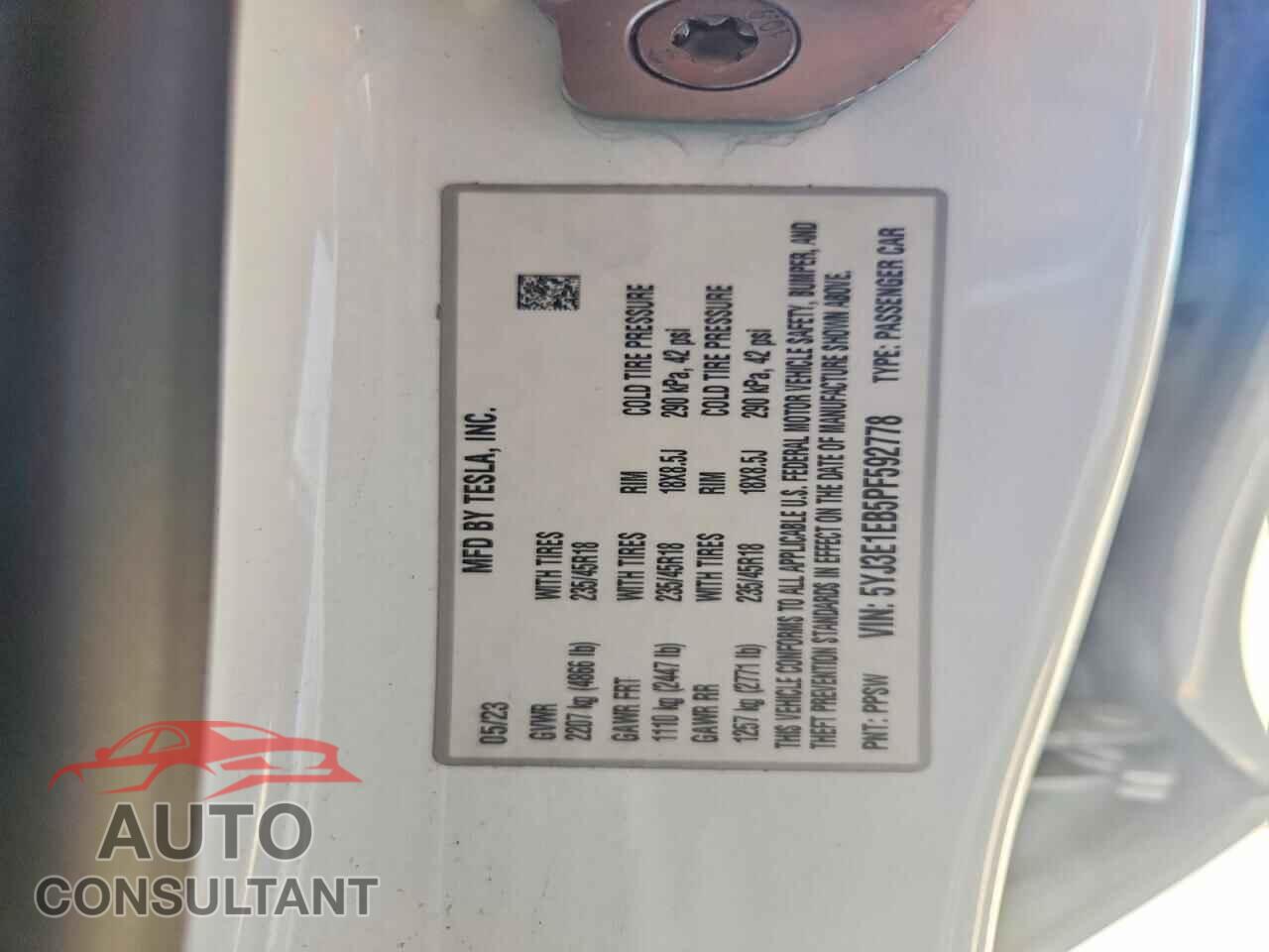 TESLA MODEL 3 2023 - 5YJ3E1EB5PF592778