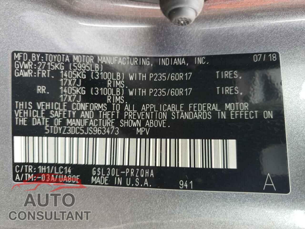 TOYOTA SIENNA 2018 - 5TDYZ3DC5JS963473