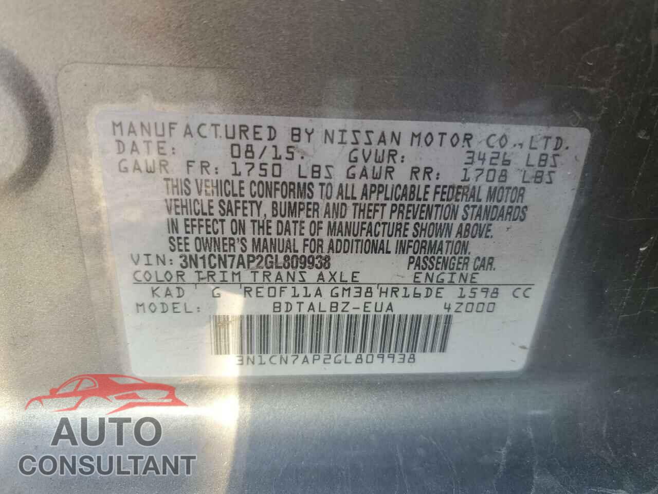 NISSAN VERSA 2016 - 3N1CN7AP2GL809938
