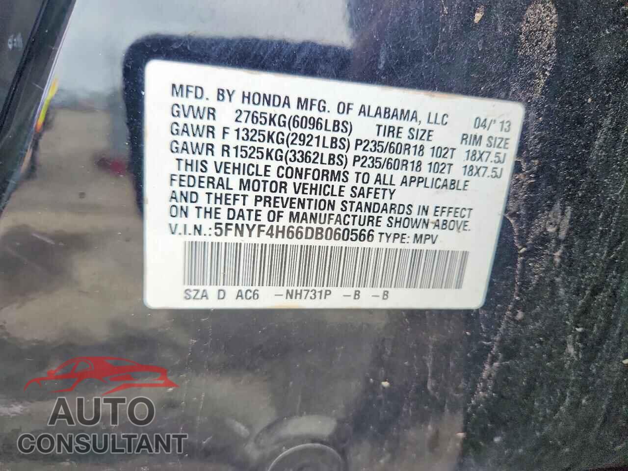 HONDA PILOT 2013 - 5FNYF4H66DB060566