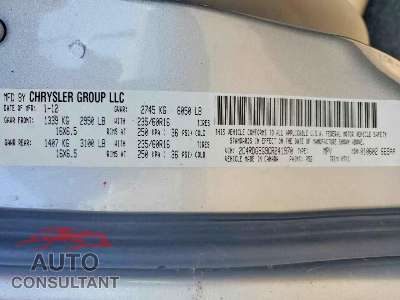 DODGE CARAVAN 2012 - 2C4RDGBG9CR241970