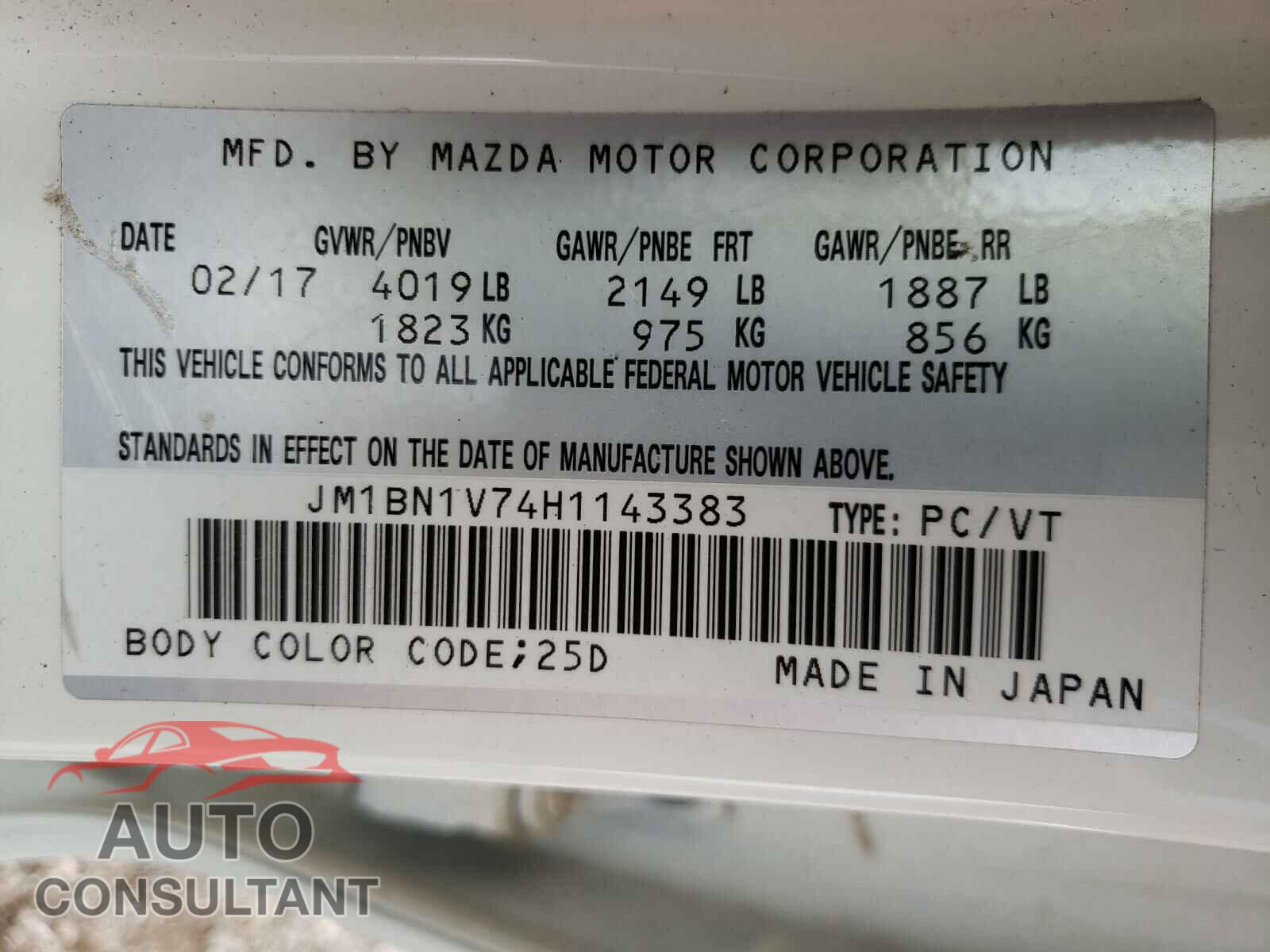 MAZDA 3 2017 - JM1BN1V74H1143383