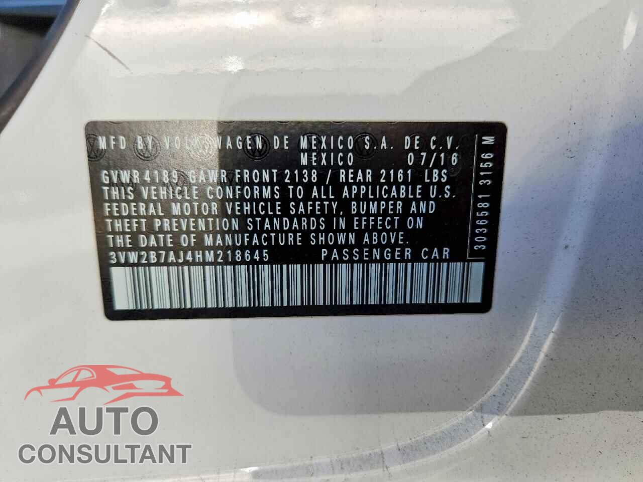 VOLKSWAGEN JETTA 2017 - 3VW2B7AJ4HM218645