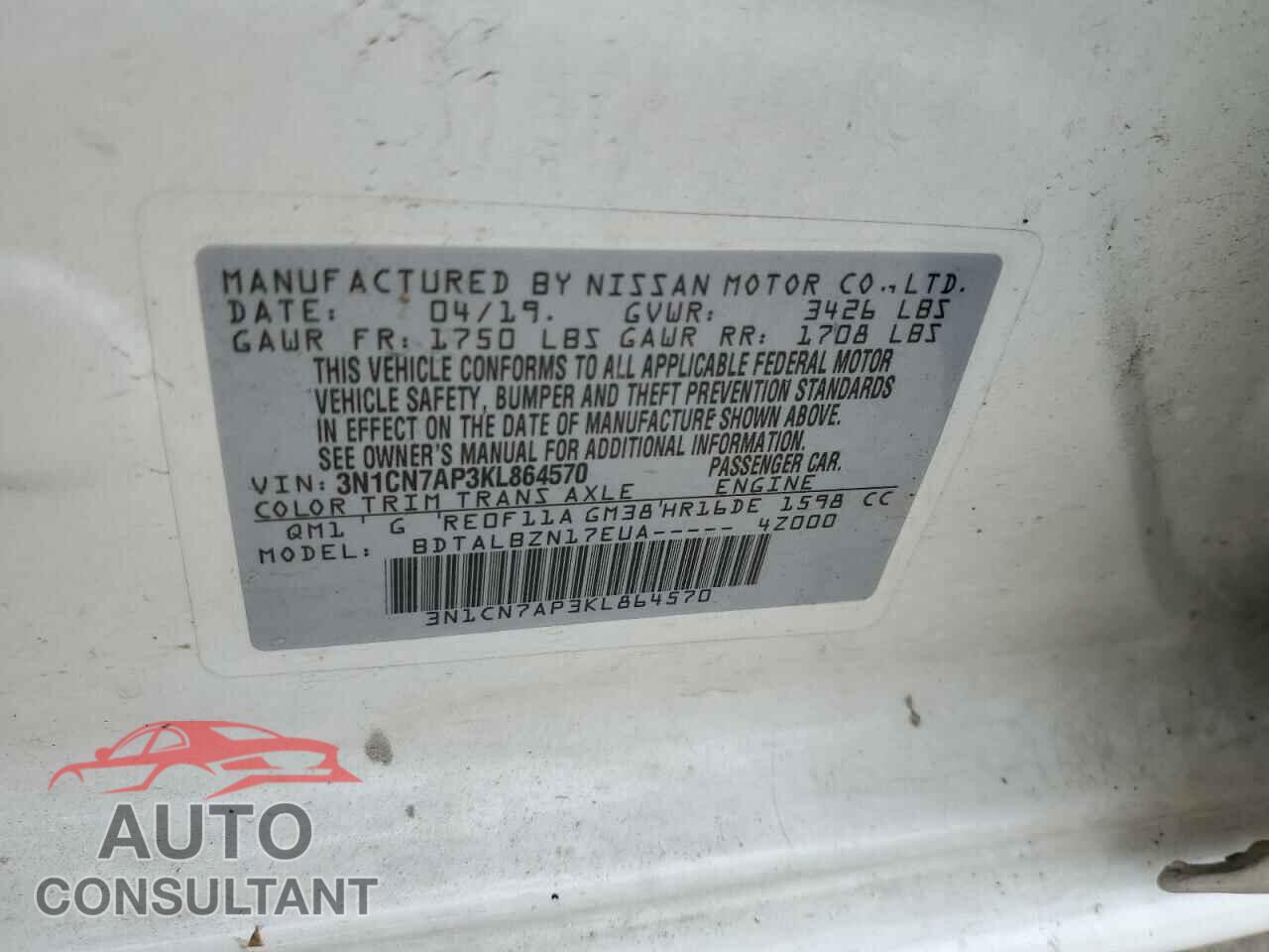 NISSAN VERSA 2019 - 3N1CN7AP3KL864570