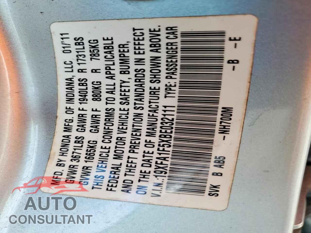 HONDA CIVIC 2011 - 19XFA1F5XBE032111