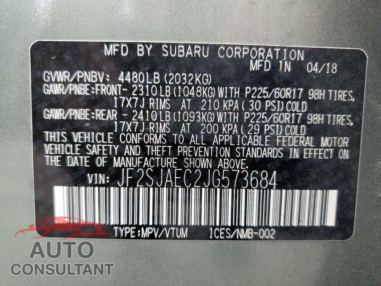SUBARU FORESTER 2018 - JF2SJAEC2JG573684