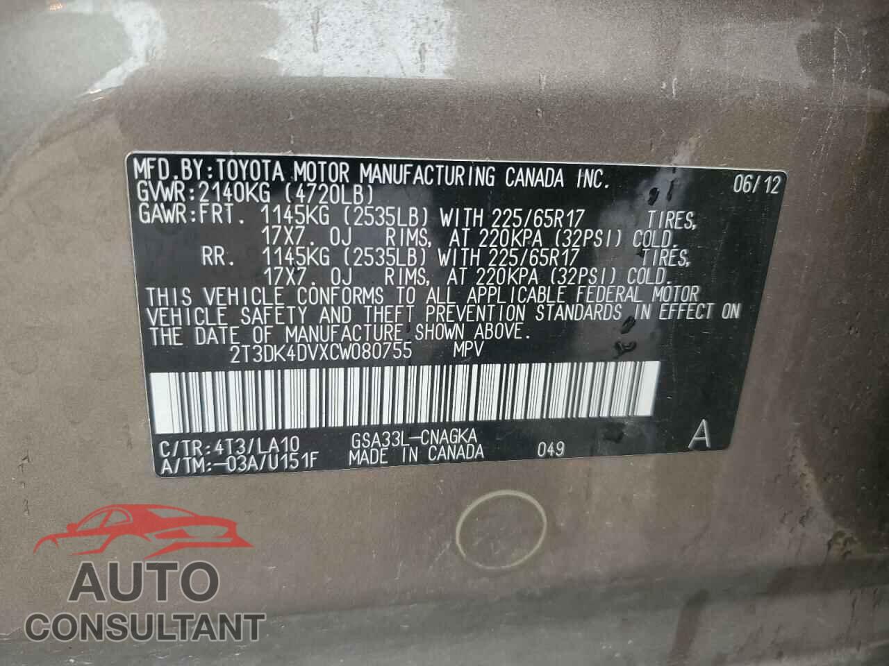TOYOTA RAV4 2012 - 2T3DK4DVXCW080755